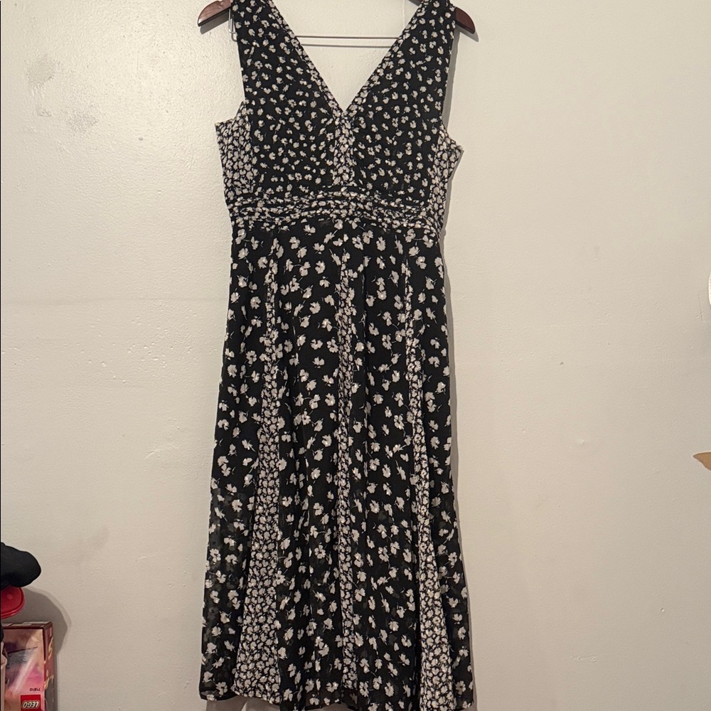 All Saints MACELLA SCATTER FLORAL-PRINT FLARED CREPE DRESS IN BLACK
